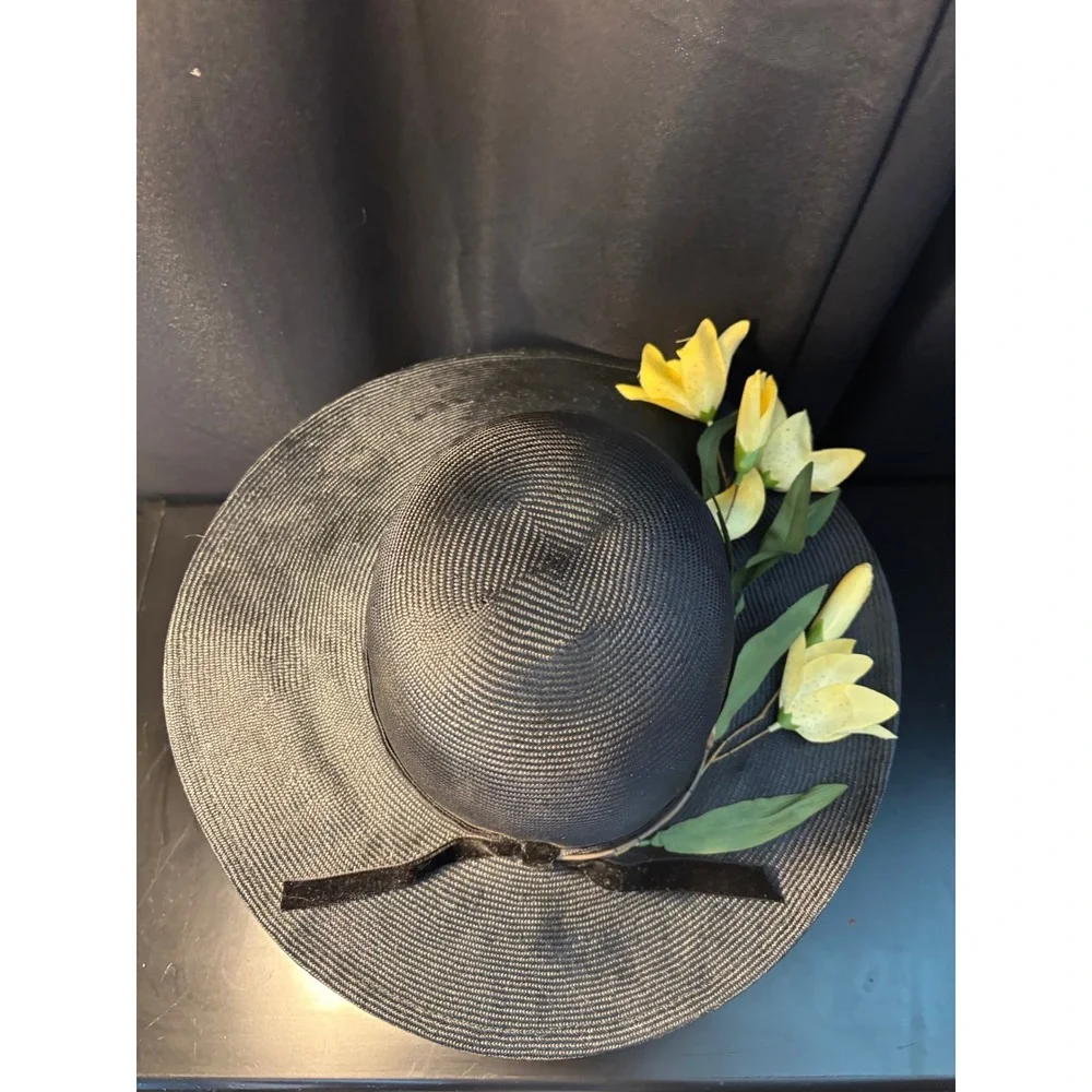 Vintage Betmar New York Black Wide Brim Sun Hat Yellow Floral Velvet Ribbon NWT
